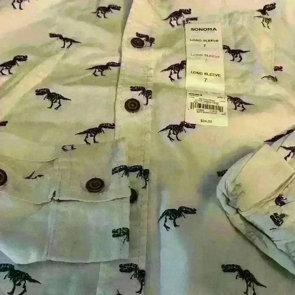 White And Blue Dinosaur Boys Button Up Long Sleeve Polo Style Shirt Sonoma Size